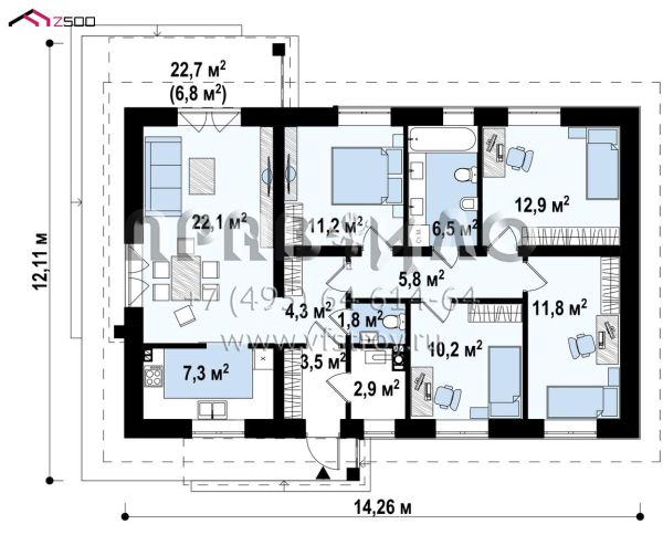 Проект пятикомнатного одноэтажного дома с электрической системой отопления S3-100-6(Z473 el)
