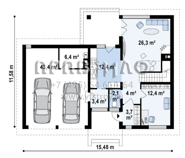 Готовый проект двухэтажного дома с гаражом на два автомобиля S3-186-7 (Zx24 GL2)