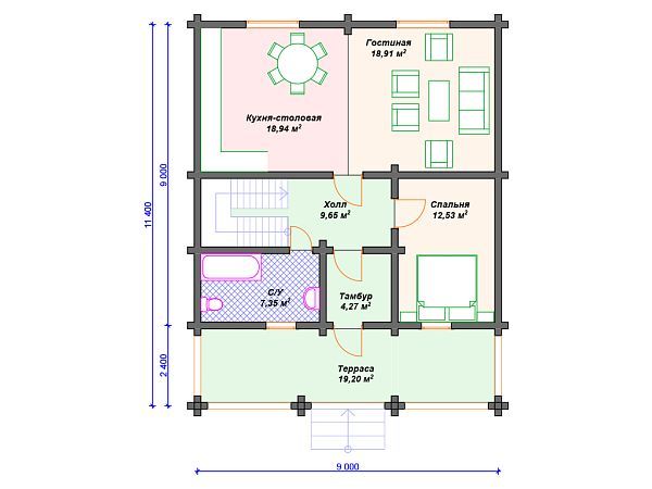 Проект деревянного дома с террасой S4-177 (ДС-053)