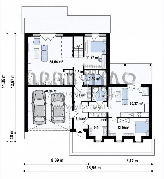 Современный проект мансардного дома с выделенной квартирой и гаражом на две машины S3-206-11 (Z463)