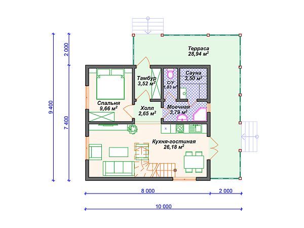 Проект каркасного дома с 4 спальнями и сауной S4-127 (И-095)