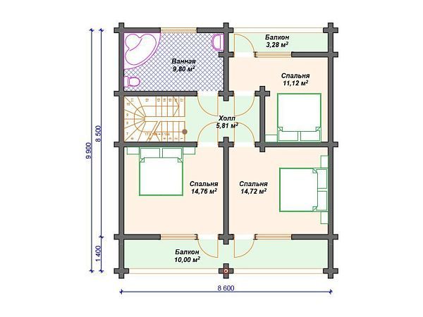 Проект деревянного дома из бревна 8 на 10 м с мансардой S4-145 (ДО-110)