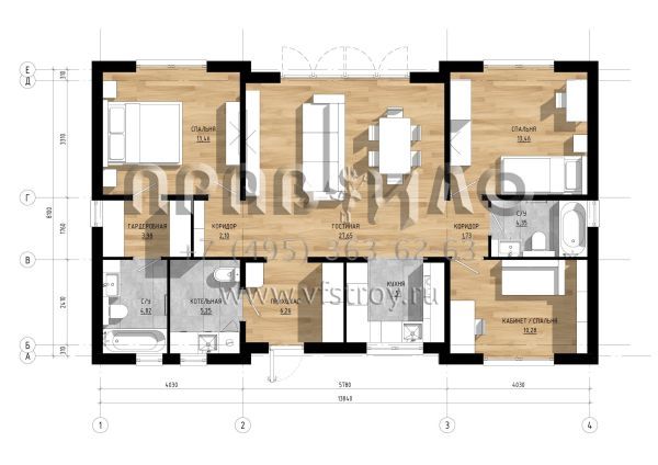 Проект одноэтажного дома из двухслойных ж/б панелей с плоской кровлей SP2-100-2 (1А-100-1ПК)