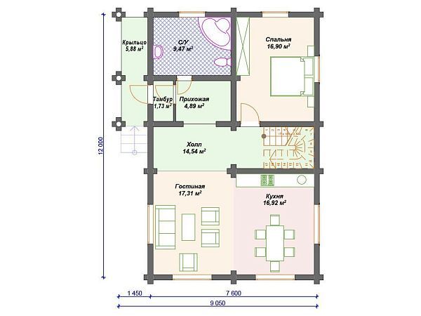Проект деревянного дома из бревна 8 на 12 м для узкого участка S4-149 (ДО-136)