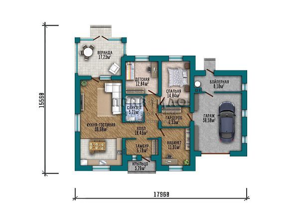 Проект одноэтажного дома с комбинированной отделкой кирпичом разных тонов S2-164 (362-164-1Г)