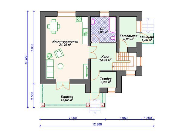 Проект дома с 3 спальнями и террасой S4-146 (К-069)