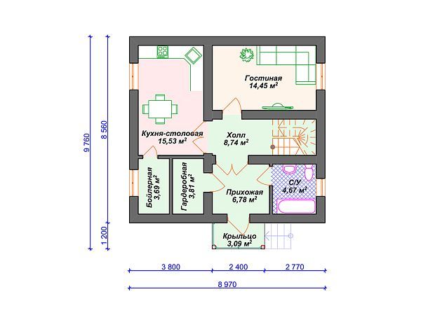 Проект дома с 3 спальнями S4-115 (К-329)