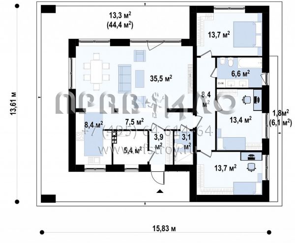 Проект современного одноэтажного дома с тремя спальнями S3-113-3 (Zx83)