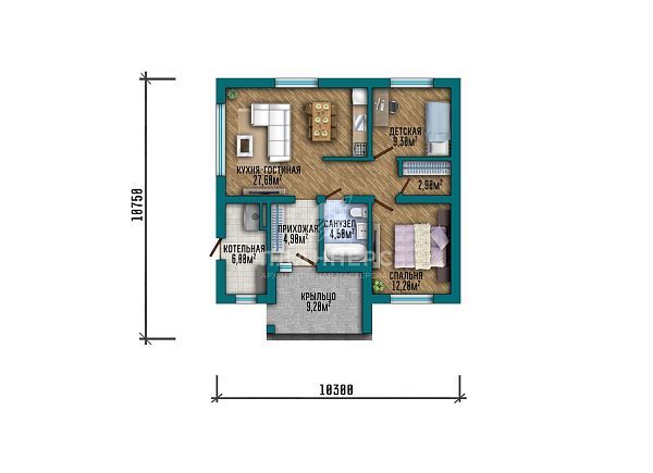 Проект с комбинированной крышей и фасадом из тёмного кирпича S2-76 (533-77-1)