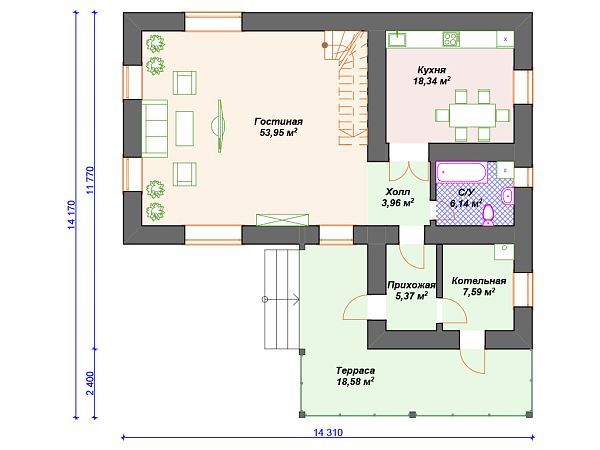 Проект каменного дома с 3 спальнями S4-220 (К-020)