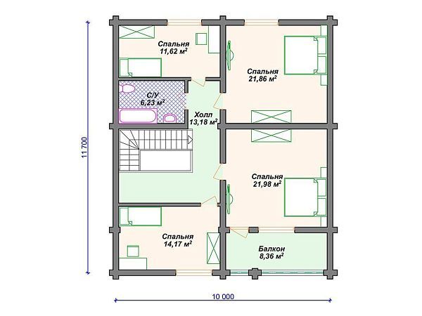 Проект деревянного дома из бревна с 4 спальнями S4-184 (ДО-167)