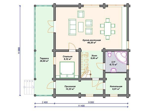 Проект деревянного дома из бревна 9 на 11 м с мансардой S4-200 (ДО-100)