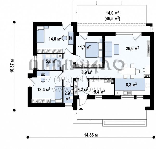 Проект одноэтажного дома в стиле хай-тек с тремя спальнями S3-103-8 (Zx53 v1)