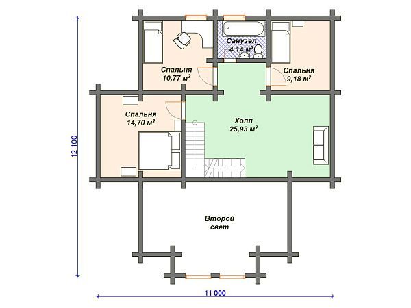 Проект деревянного дома из бревна 12 на 12 м с 3 спальнями и сауной S4-181 (ДО-087)