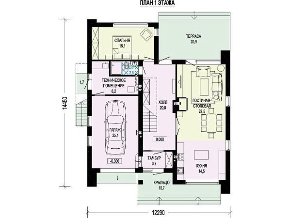 Двухэтажный дом с плоской эксплуатируемой кровлей и встроенным гаражом S7-187 (3-50)