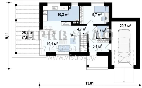 Проект дома с плоской кровлей и пристроенным гаражом  S3-126-1 (Zx63)