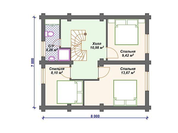 Проект деревянного дома из бревна 8 на 11 м с террасой S4-170 (ДО-124)