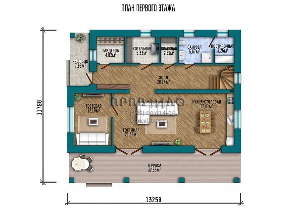 Проект двухэтажного дома с большой открытой террасой, кухней-столовой и гостевой комнатой на первом этаже S2-205 (145-205-2)