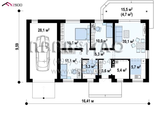 Проект четырехкомнатного одноэтажного дома с пристроенным гаражом S3-108-5 (Z7 L GL v1)