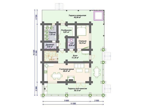 Проект деревянного дома из бревна 9 на 11 м с 3 спальнями и сауной S4-254 (ДО-133)