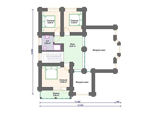 Проект деревянного дома из бревна 13 на 13 м с 3 спальнями S4-192 (ДО-104)