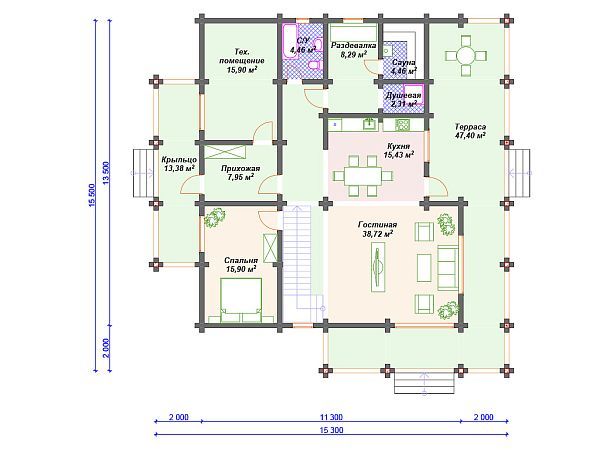 Проект деревянного дома с террасой и сауной S4-291 (ДС-139)