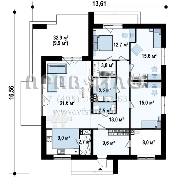 Проект одноуровневого коттеджа с гостиной и четырьмя спальнями S3-126-5 (Z460)