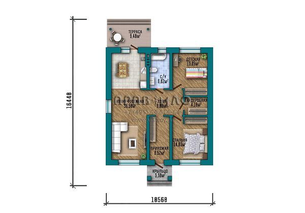 Проект компактного одноэтажного дома с комбинированной отделкой фасада S2-106 (360-106-1)