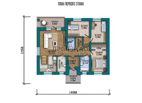 Проект квадратного одноэтажного дома с террасой под общей крышей S2-121 (305-121-1)