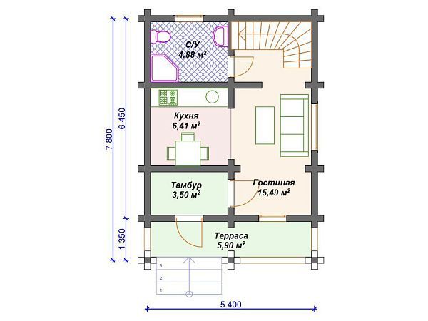 Проект деревянного дома из бревна 5 на 8 м S4-70 (ДО-154)
