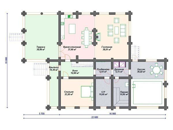Проект деревянного дома из бревна 15 на 22 м с цокольным этажом S4-416 (ДО-111)