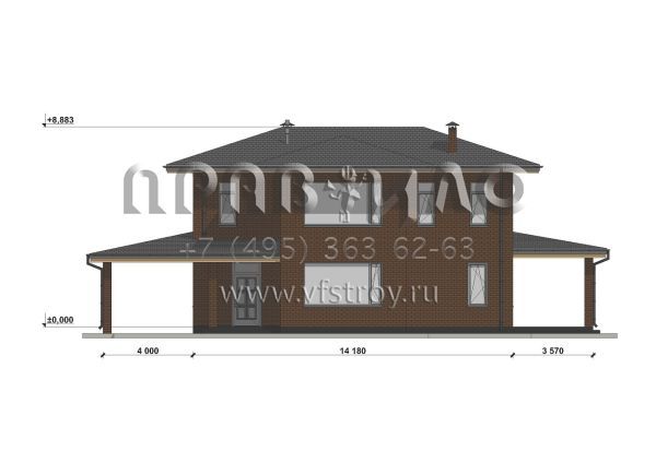 Проект двухэтажного дома с облицовкой кирпичом в стиле Райт S-201