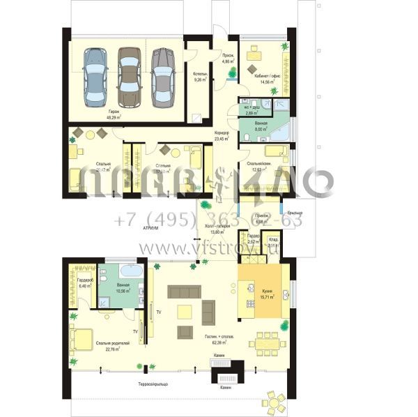 Проект одноэтажной виллы с плоской кровлей S8-369 (Вилла Атриум)