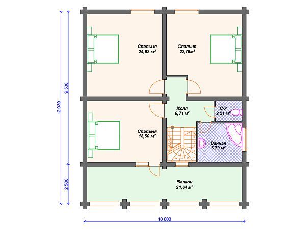 Проект деревянного дома из бревна 10 на 12 м с мансардой и террасой S4-327 (ДО-043)