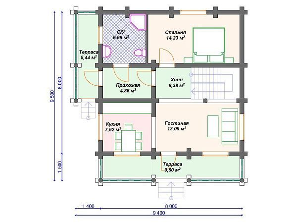 Проект деревянного дома из бревна 8 на 9 м с 3 спальнями S4-131 (ДО-062)