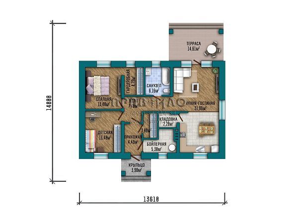 Проект компактного одноэтажного дома с комбинированной отделкой фасада S2-111 (366-111-1)