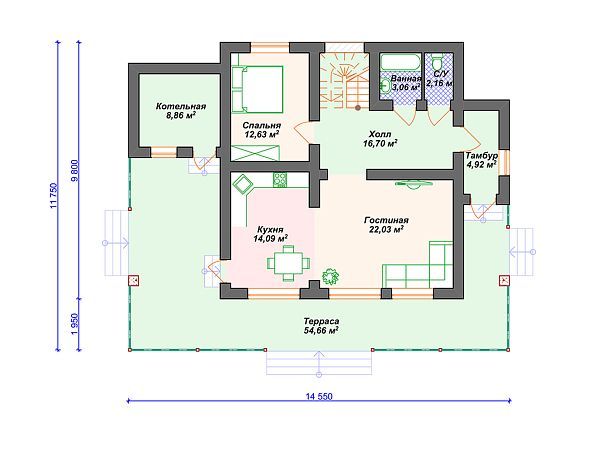 Проект дома с 3 спальнями и террасой S4-191 (К-328)
