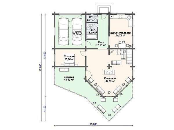 Проект деревянного дома из бревна с гаражом на 2 машины S4-230 (ДО-072)