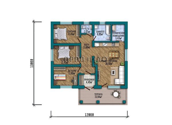 Проект небольшого дома с классической отделкой фасада кирпичом темных тонов S2-115 (355-115-1)