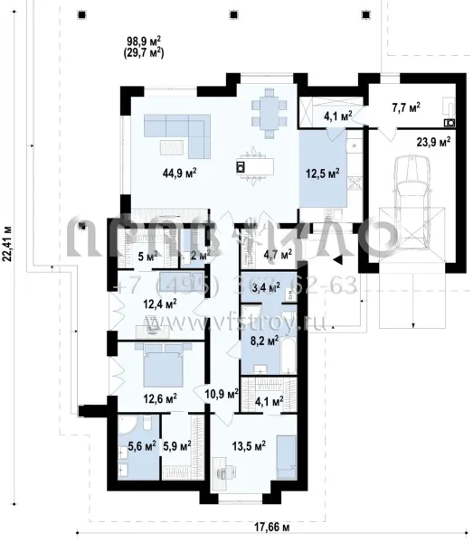 Проект красивого одноэтажного дома с большой крытой террасой и с гаражом на один автомобиль S3-181-8 (Z279)