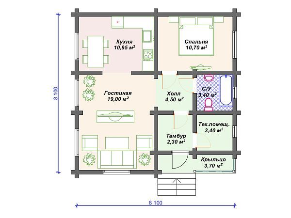 Проект одноэтажного деревянного дома S4-58 (ДС-141)